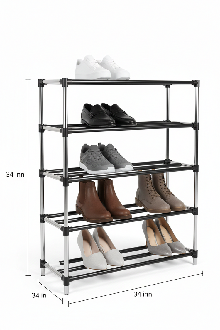 5 Tier Shoe Rack Organizer Stainless Steel Silver Black 34" H