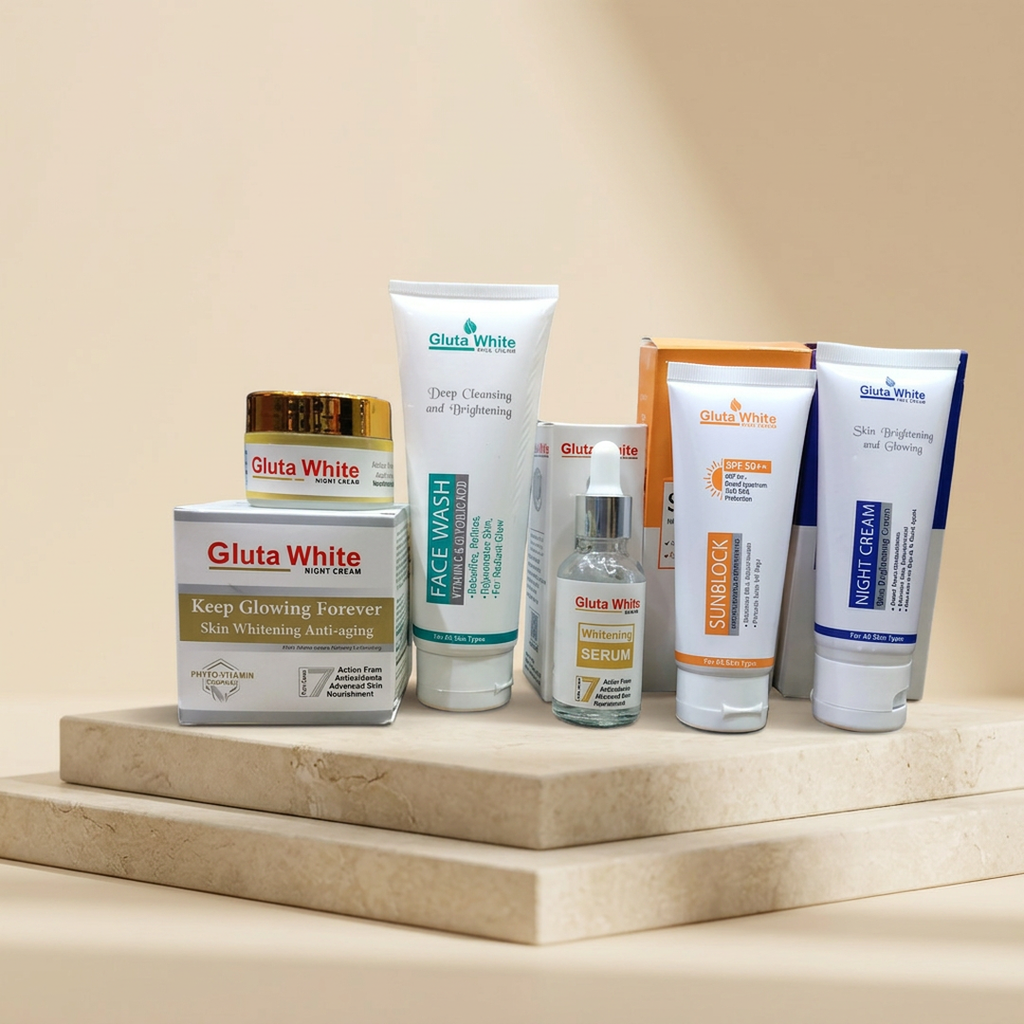 Gluta White Complete 5-Piece Beauty Set for Flawless & Hydrated Skin Focuses on skin transformation and beauty essentials.
