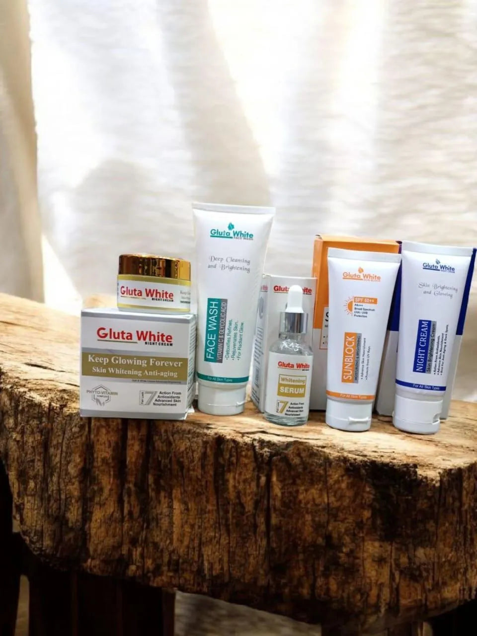 Gluta White Complete 5-Piece Beauty Set for Flawless & Hydrated Skin Focuses on skin transformation and beauty essentials.