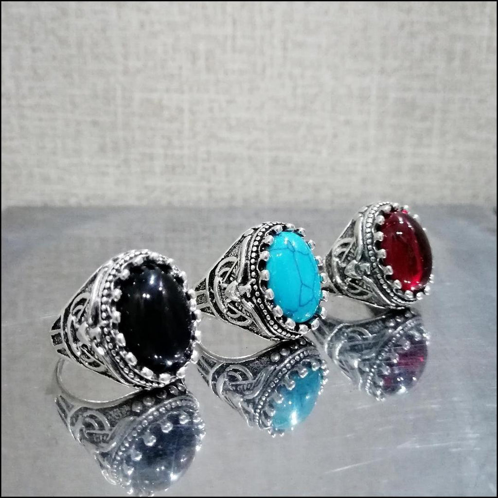 Turkish-Inspired Silver Plated Men's Ring Set (3-Piece) – Vintage Black, Turquoise & Red Gemstone Rings — Best for capturing search terms highlighting the 3-piece bundle and vintage gemstone aesthetic.