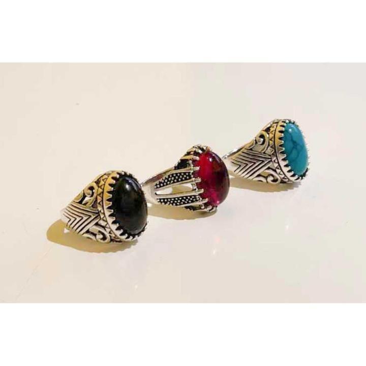 Turkish-Inspired Silver Plated Men's Ring Set (3-Piece) – Vintage Black, Turquoise & Red Gemstone Rings — Best for capturing search terms highlighting the 3-piece bundle and vintage gemstone aesthetic.