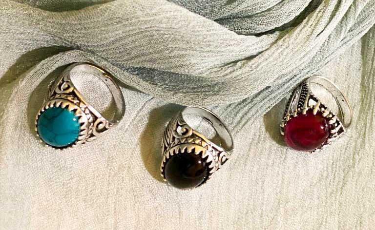Turkish-Inspired Silver Plated Men's Ring Set (3-Piece) – Vintage Black, Turquoise & Red Gemstone Rings — Best for capturing search terms highlighting the 3-piece bundle and vintage gemstone aesthetic.