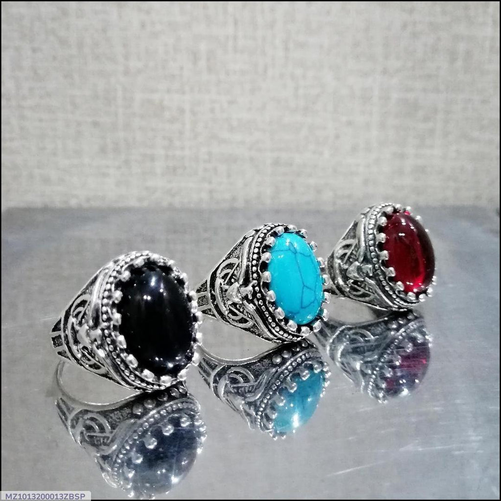 Turkish-Inspired Silver Plated Men's Ring Set (3-Piece) – Vintage Black, Turquoise & Red Gemstone Rings — Best for capturing search terms highlighting the 3-piece bundle and vintage gemstone aesthetic.