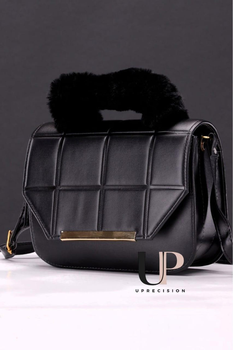 Black Rexine Crossbody Bag with Faux Fur Handle for Girls