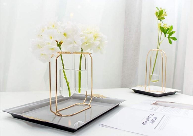 Elegant Golden Metal Frame Glass Vase Stand for Tabletop & Gifting  Best for targeting decor accent buyers and gift shoppers.