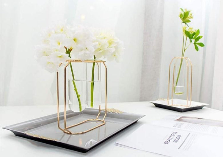 Elegant Golden Metal Frame Glass Vase Stand for Tabletop & Gifting  Best for targeting decor accent buyers and gift shoppers.