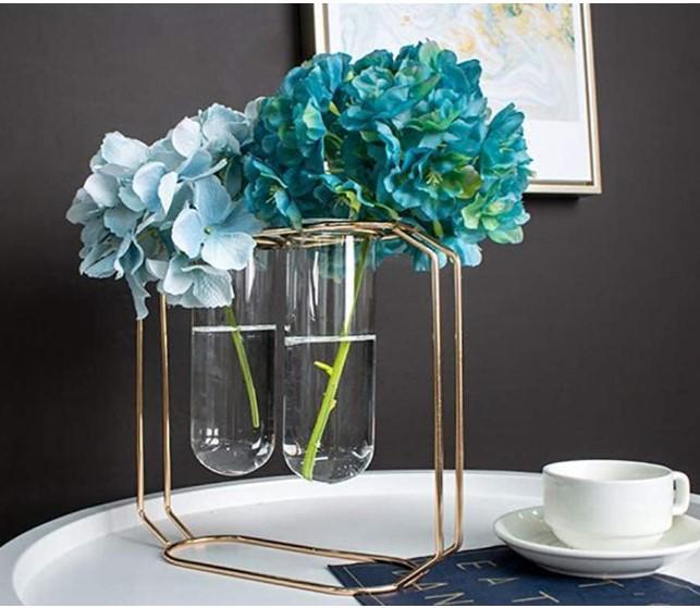 Elegant Golden Metal Frame Glass Vase Stand for Tabletop & Gifting  Best for targeting decor accent buyers and gift shoppers.