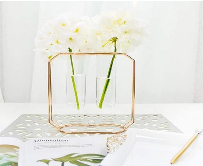 Elegant Golden Metal Frame Glass Vase Stand for Tabletop & Gifting  Best for targeting decor accent buyers and gift shoppers.