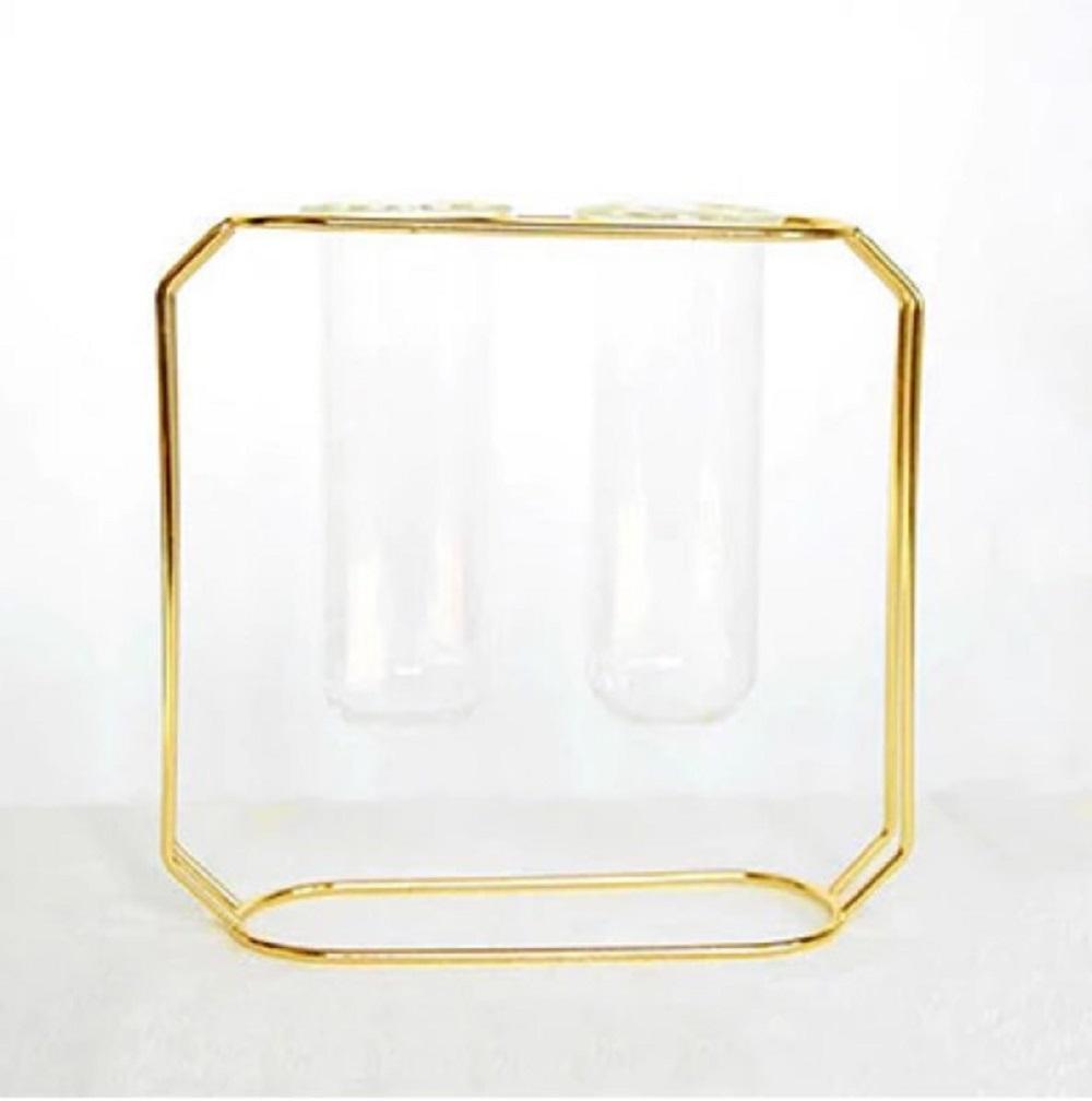 Elegant Golden Metal Frame Glass Vase Stand for Tabletop & Gifting  Best for targeting decor accent buyers and gift shoppers.