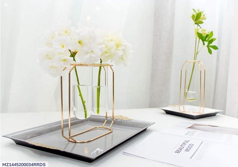 Elegant Golden Metal Frame Glass Vase Stand for Tabletop & Gifting  Best for targeting decor accent buyers and gift shoppers.