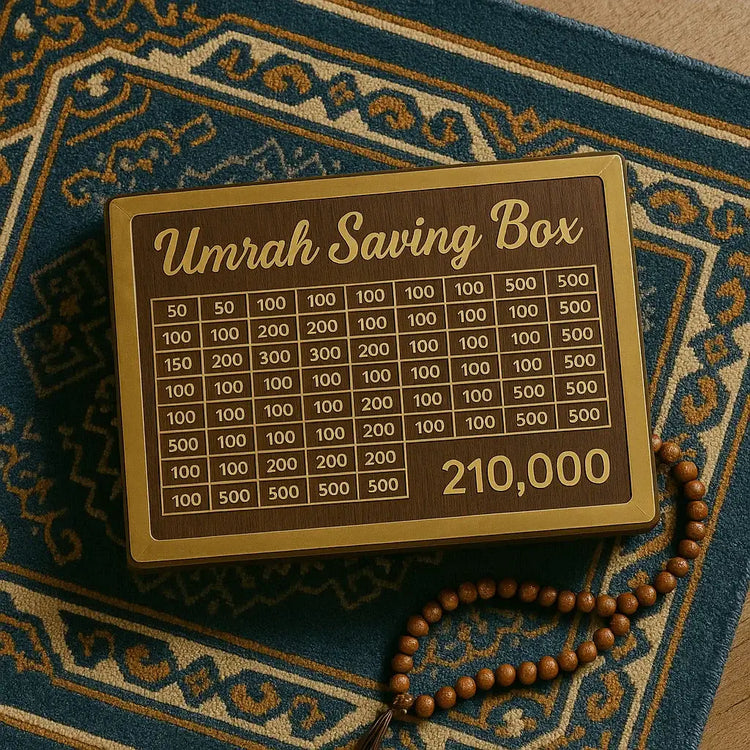 **Wooden Umrah Saving Box with 280 Days Tracker**