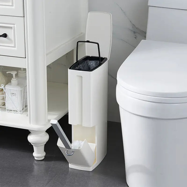 Modern Toilet Brush & Trash Can Set White Plastic
