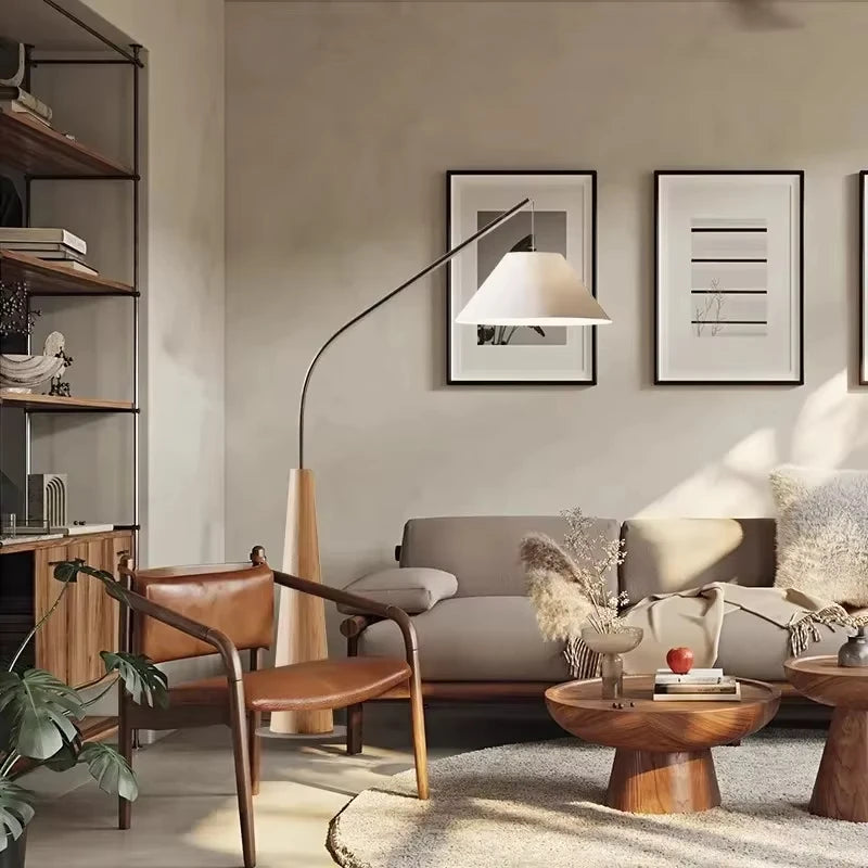 Modern Walnut Fabric Floor Lamp Living Room Standing Light Bedroom Bedside Lights Study Room Art Home Decor LED Lighting Device