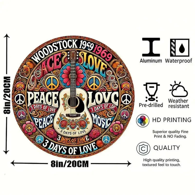 Home Decor，Retro Peace and Love Design with Guitar and Flowers,  Home Decor -  New Year's, Valentine'S Day, Music Decor