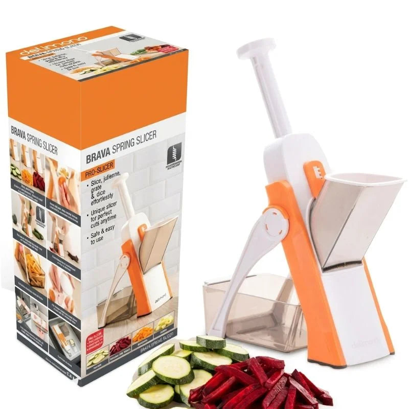 Brava Spring Vegetable Slicer & Chopper with box featuring slicing and chopping vegetables.