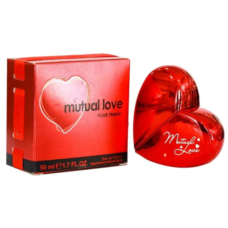 Mutual Love Perfume for Women 50ml packaging with a heart-shaped bottle and red box design.