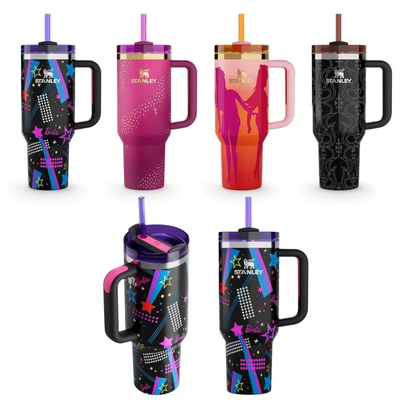 Star Pink Stylish Stanley Barbie Tumbler collection featuring colorful designs and convenient handles.