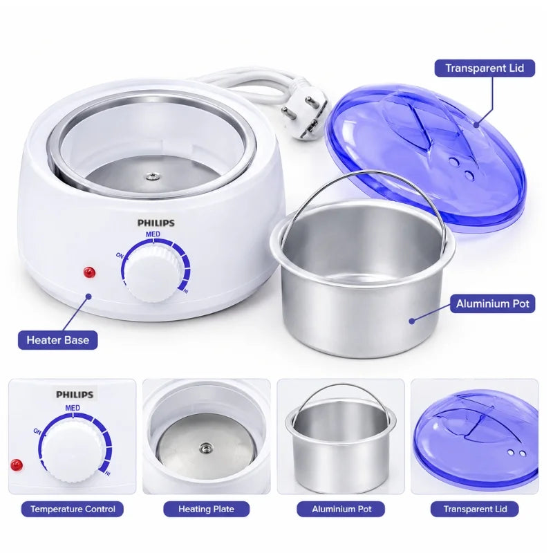 Philips FJF508-1 Professional Dual Pot Electric Wax Heater with transparent lid and aluminum pot features.