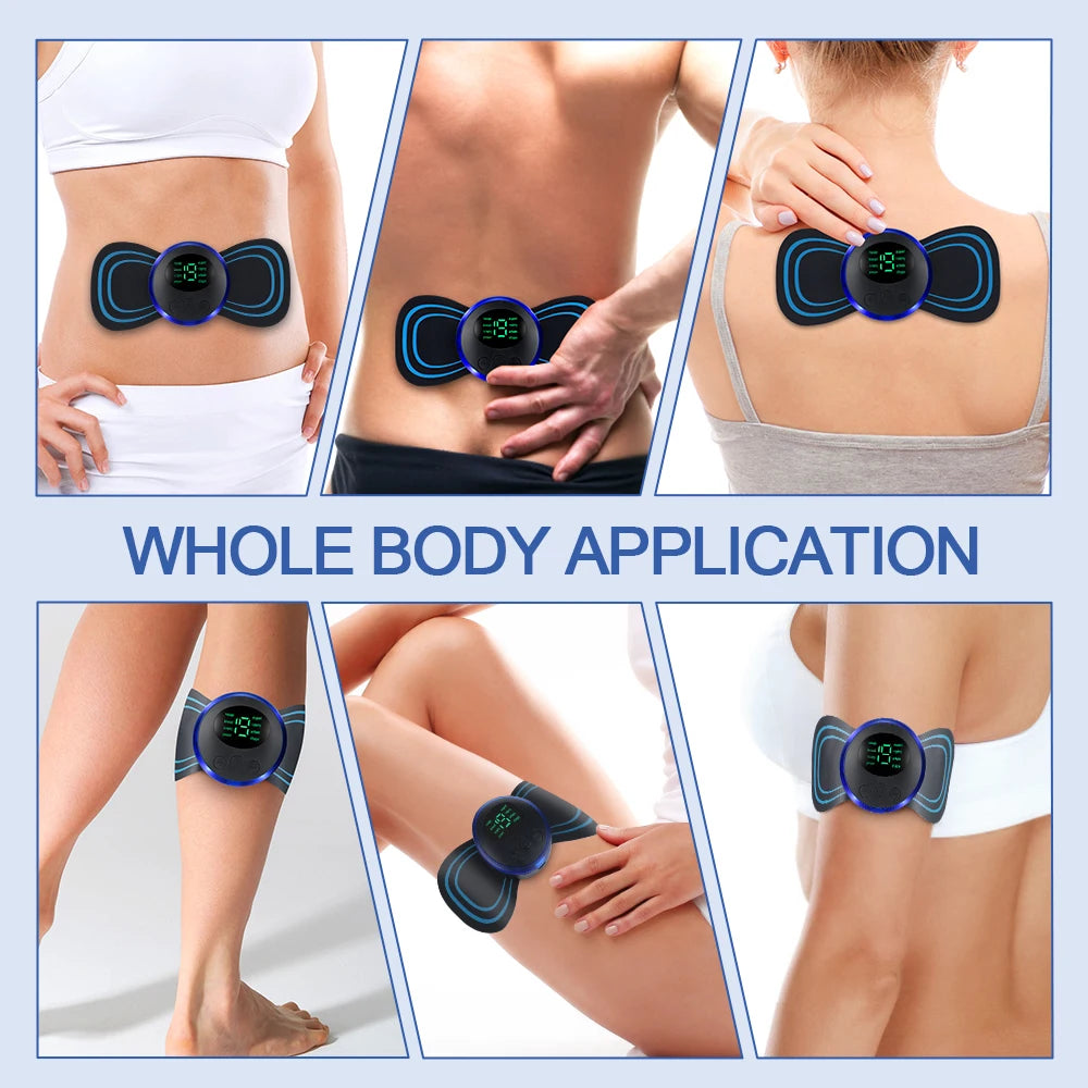 Image showcasing EMS Butterfly Portable Neck Massager in use on different body parts for whole body application.
