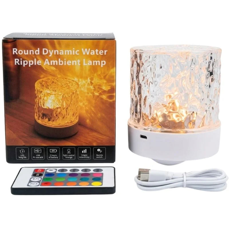 Northern Lights Projector next to a round dynamic water ripple ambient lamp with remote control for colorful lighting effects.