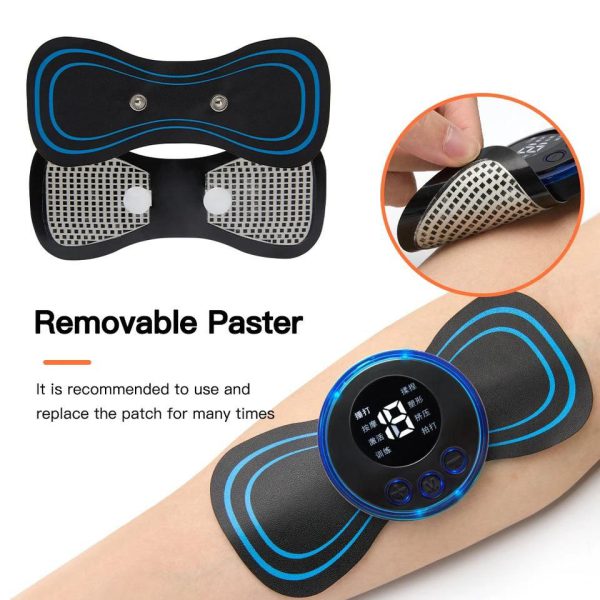 EMS Butterfly Portable Neck Massager showing removable pasting feature for effective muscle relaxation and convenience.