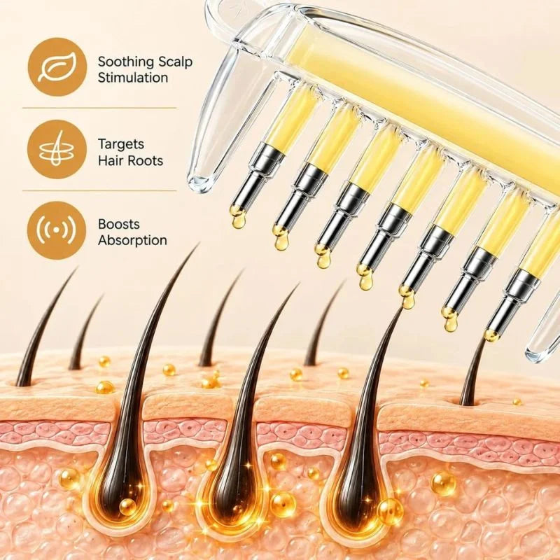 Refillable Scalp Massager & Oil Comb applying hair oil with soothing scalp stimulation and targeting hair roots.