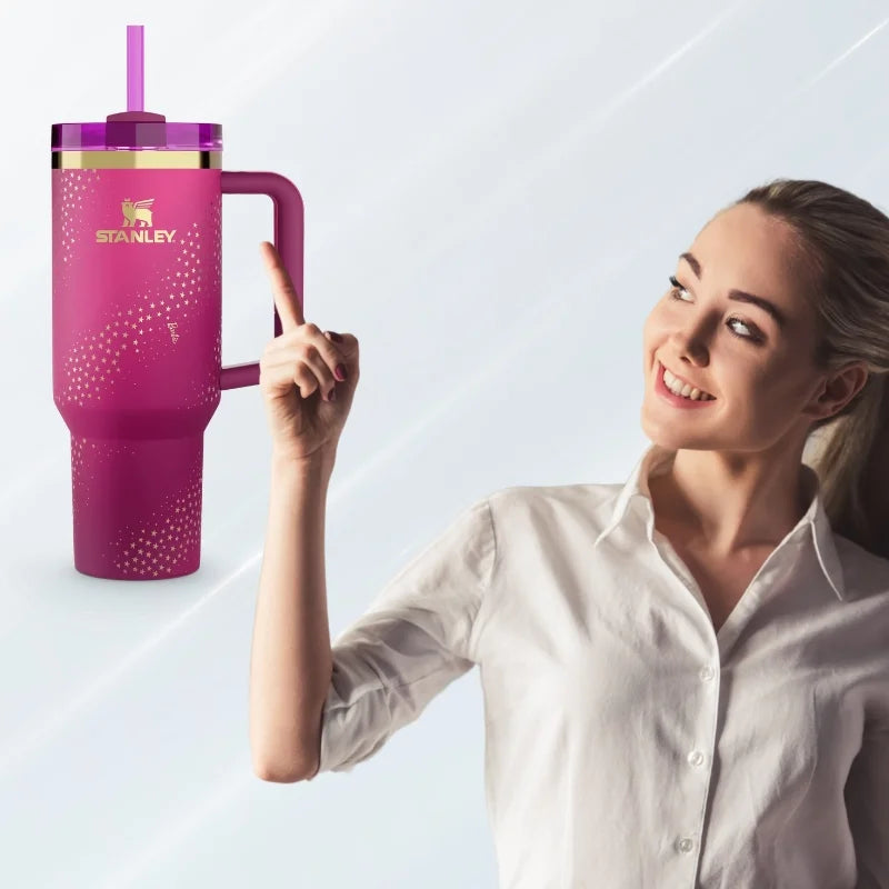 Star Pink Stylish Stanley Barbie Tumbler held by a smiling woman, showcasing its vibrant design and straw.