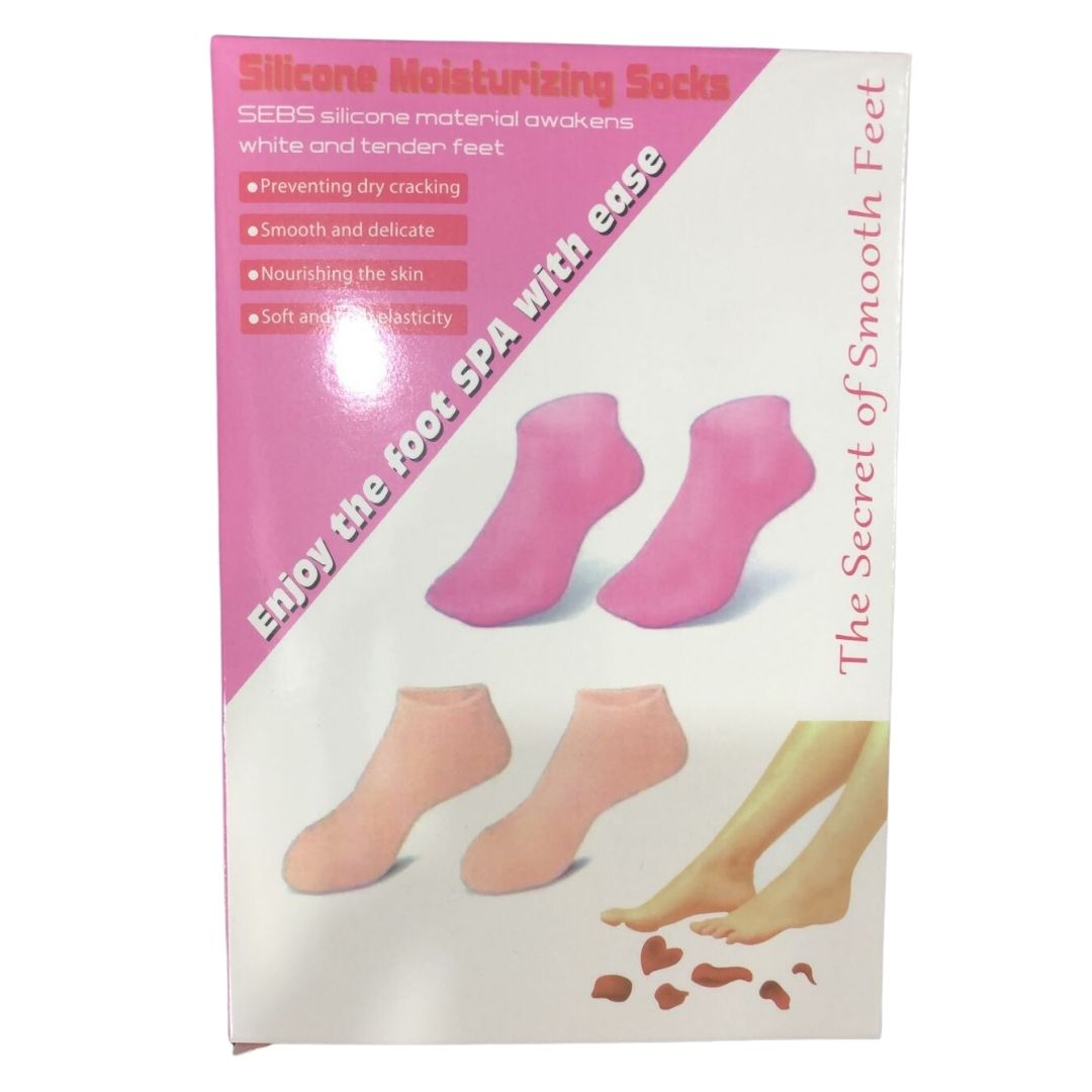 Silicone Jelly Socks packaging showcasing moisturizing gel foot care benefits and ease of use.