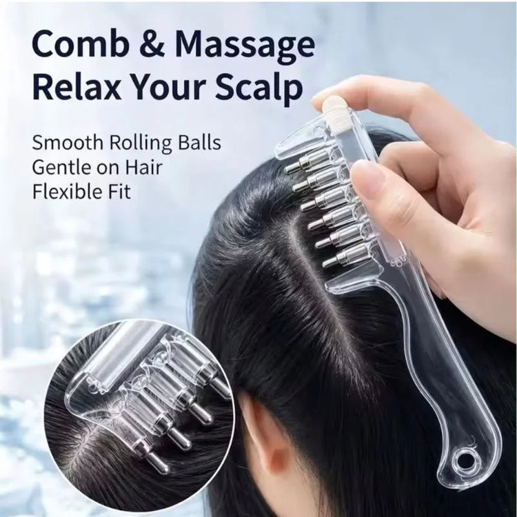 Refillable Scalp Massager & Oil Comb being used to comb and massage the scalp with smooth rolling balls.