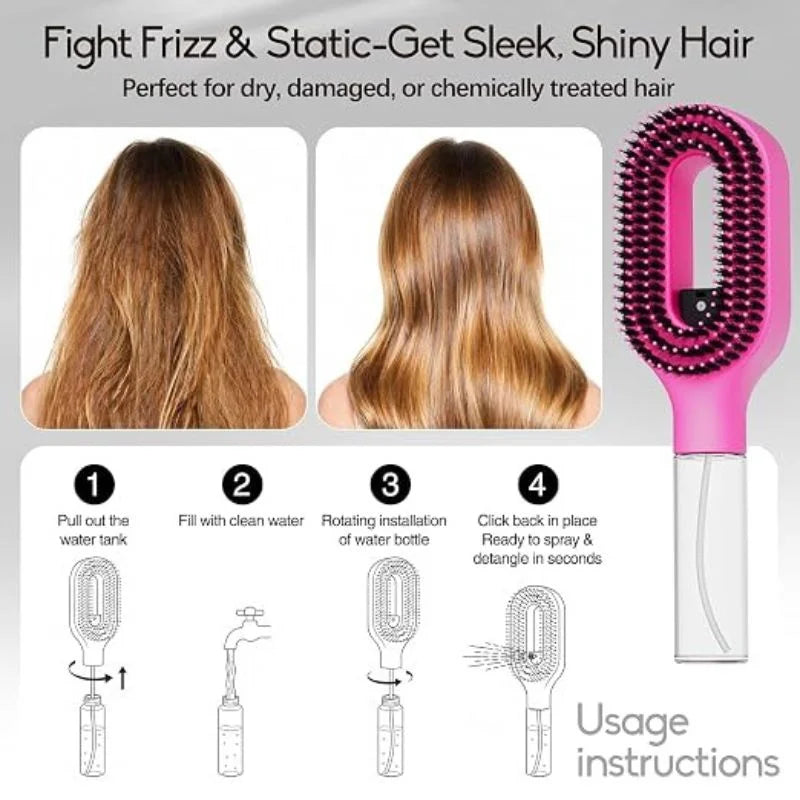 2-in-1 Misting Styling Brush & Spray usage instructions for sleek, shiny hair and frizz control.